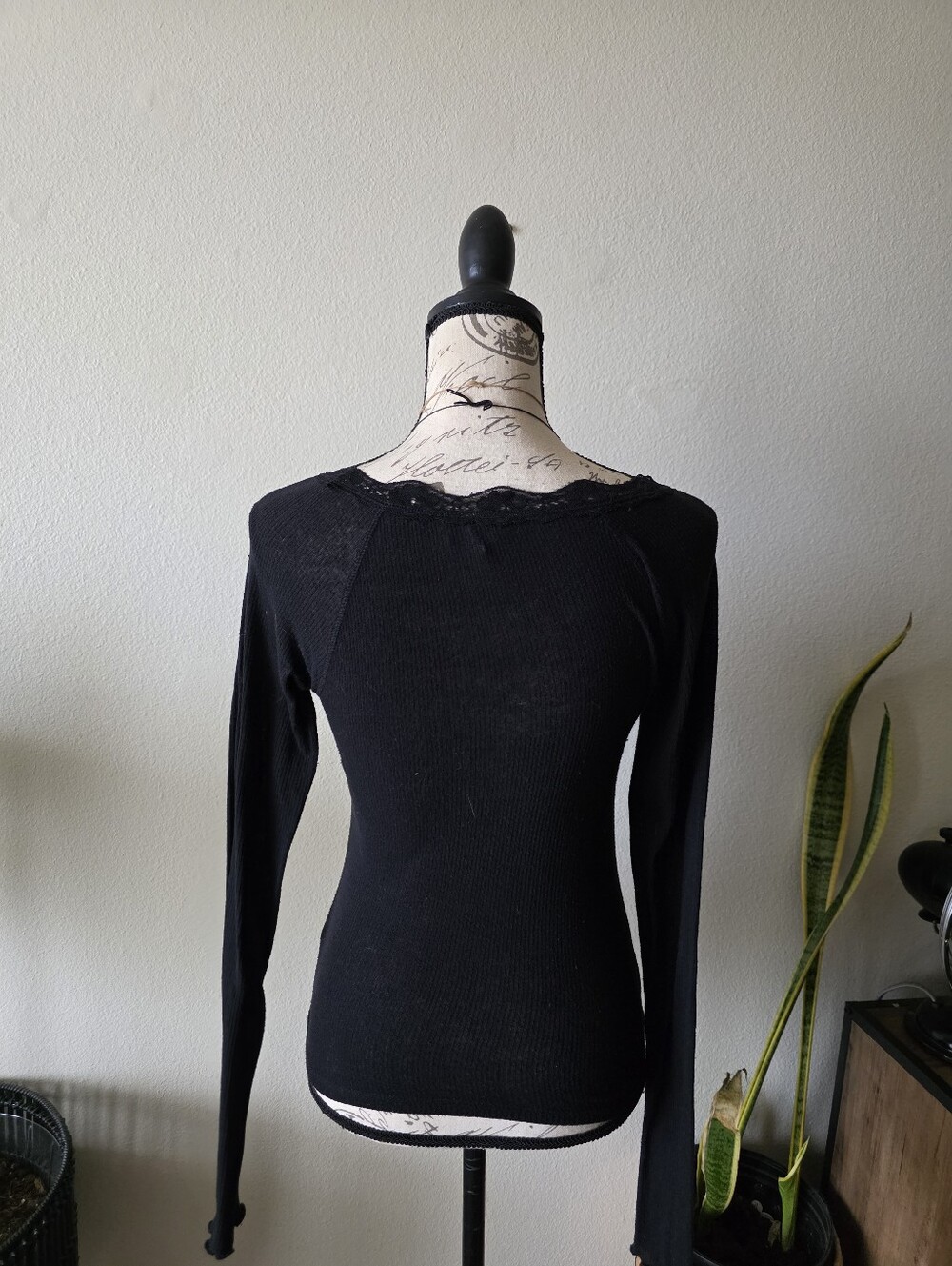 Out From Under Black Lace Trim Ribbed Long Sleeve Top - Picture 4 of 5